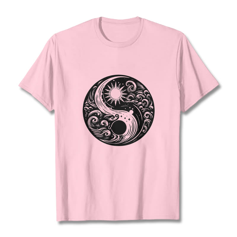 Camiseta de algodón con estampado de Buddha Stones, sol, luna, olas, Yin Yang - Rosa claro - 2XL - image 13