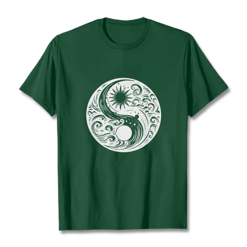 Camiseta de algodón con estampado de Buddha Stones, sol, luna, olas, Yin Yang - Verde bosque - 2XL - image 11
