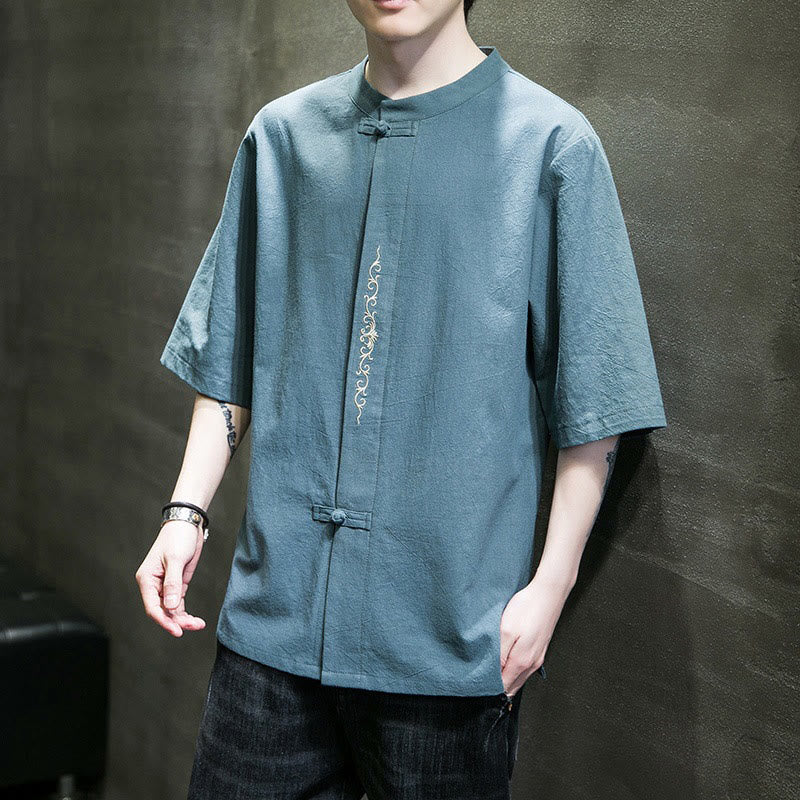 Buddha Stones Camisa informal de lino y algodón con bordado de botones de rana para hombre, color liso - image 1