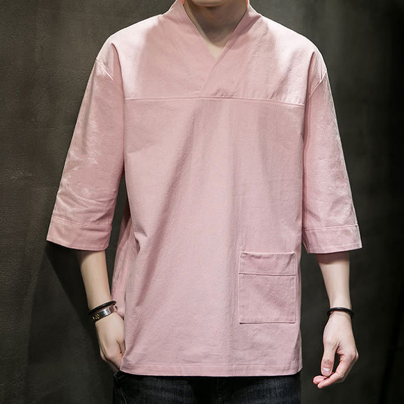 Camiseta de verano informal con cuello en V y manga tres cuartos de algodón y lino para hombre con diseño sencillo de Buddha Stones y bolsillo delantero - image 15