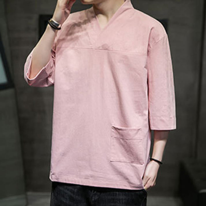 Camiseta de verano informal con cuello en V y manga tres cuartos de algodón y lino para hombre con diseño sencillo de Buddha Stones y bolsillo delantero - image 13