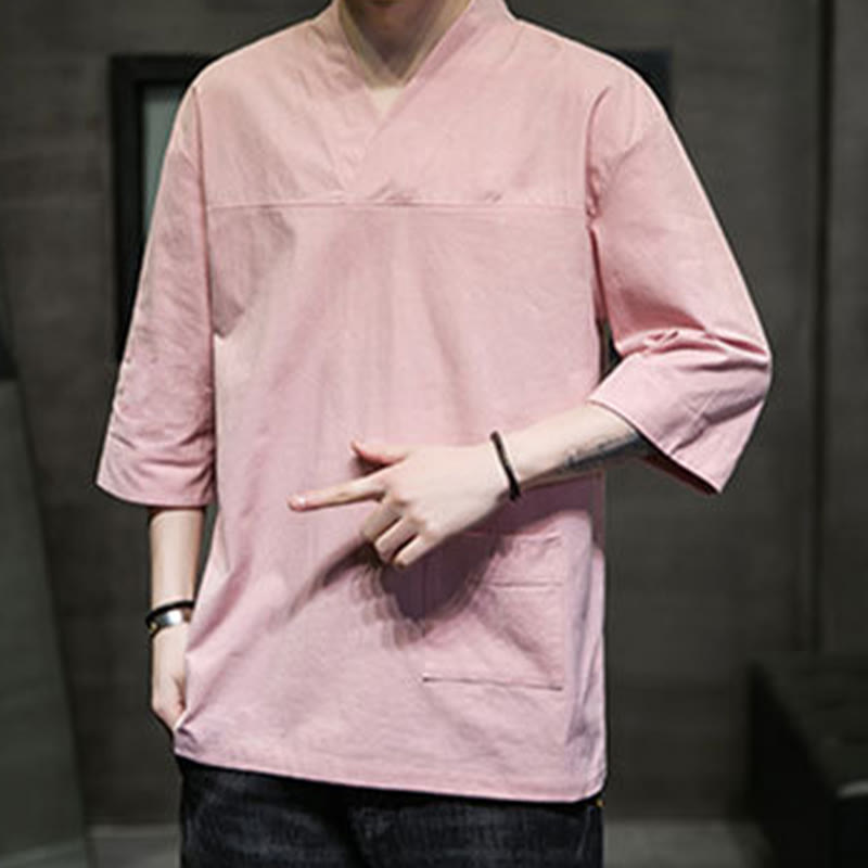 Camiseta de verano informal con cuello en V y manga tres cuartos de algodón y lino para hombre con diseño sencillo de Buddha Stones y bolsillo delantero - image 14