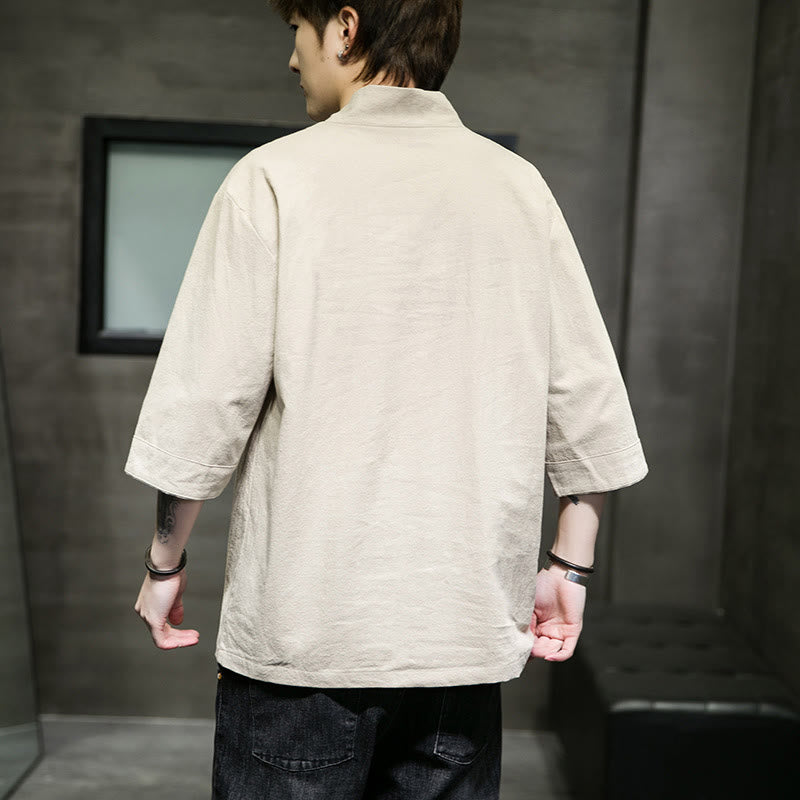 Camiseta de verano informal con cuello en V y manga tres cuartos de algodón y lino para hombre con diseño sencillo de Buddha Stones y bolsillo delantero - image 2