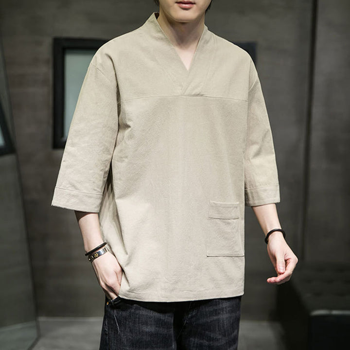 Camiseta de verano informal con cuello en V y manga tres cuartos de algodón y lino para hombre con diseño sencillo de Buddha Stones y bolsillo delantero - Vara de oro pálida - US/UK/AU46, EU56 (5XL) - image 0