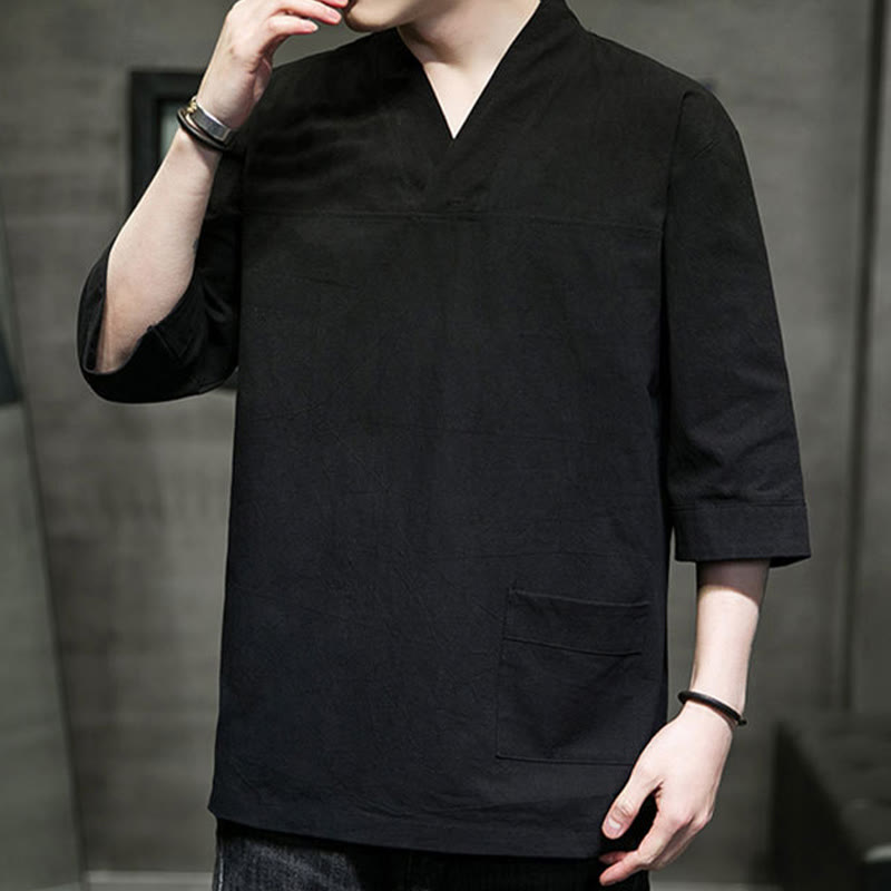 Camiseta de verano informal con cuello en V y manga tres cuartos de algodón y lino para hombre con diseño sencillo de Buddha Stones y bolsillo delantero - image 22