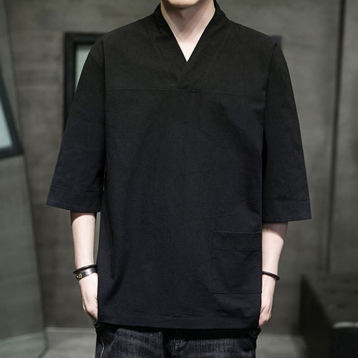 Camiseta de verano informal con cuello en V y manga tres cuartos de algodón y lino para hombre con diseño sencillo de Buddha Stones y bolsillo delantero - image 20