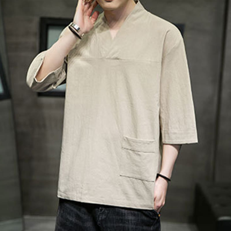 Camiseta de verano informal con cuello en V y manga tres cuartos de algodón y lino para hombre con diseño sencillo de Buddha Stones y bolsillo delantero - image 4