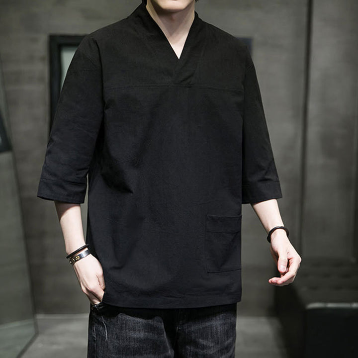 Camiseta de verano informal con cuello en V y manga tres cuartos de algodón y lino para hombre con diseño sencillo de Buddha Stones y bolsillo delantero - image 21