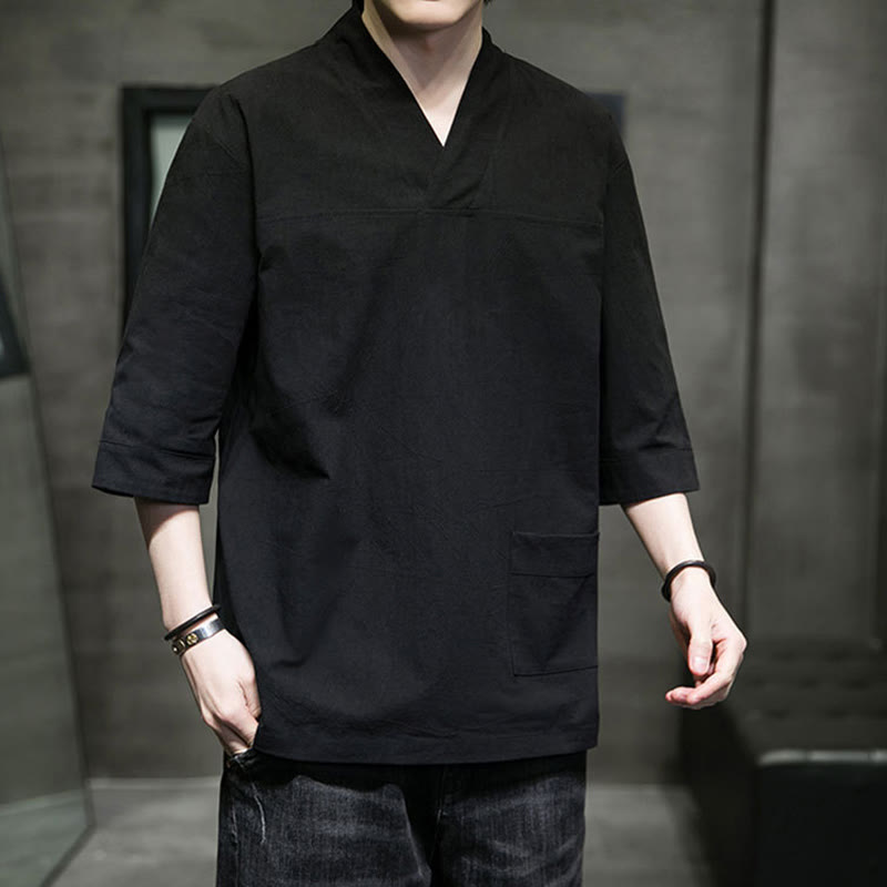 Camiseta de verano informal con cuello en V y manga tres cuartos de algodón y lino para hombre con diseño sencillo de Buddha Stones y bolsillo delantero - image 21