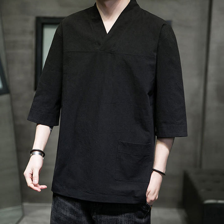 Camiseta de verano informal con cuello en V y manga tres cuartos de algodón y lino para hombre con diseño sencillo de Buddha Stones y bolsillo delantero - image 19