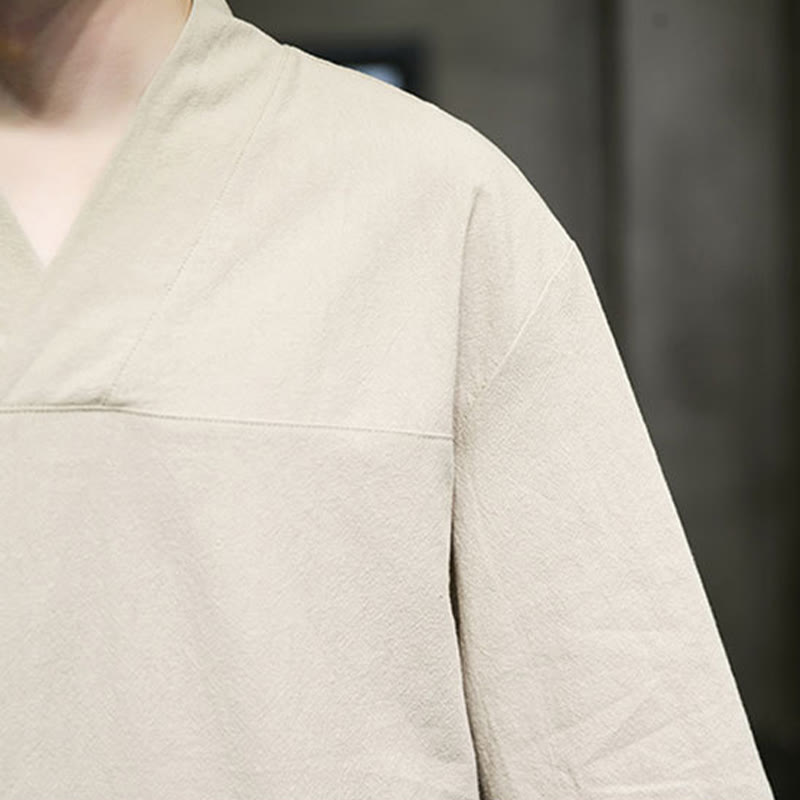 Camiseta de verano informal con cuello en V y manga tres cuartos de algodón y lino para hombre con diseño sencillo de Buddha Stones y bolsillo delantero - image 8