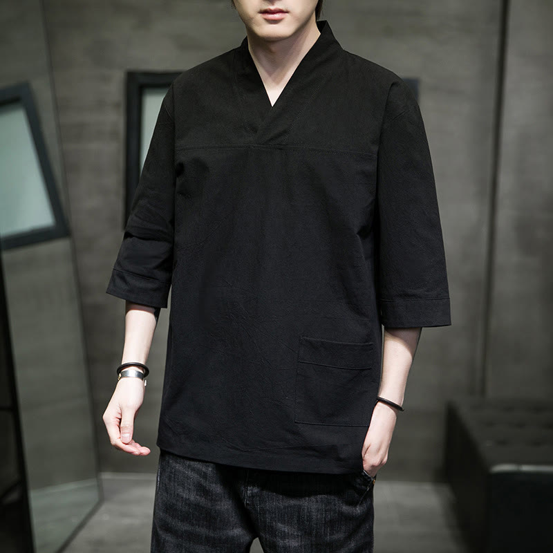 Camiseta de verano informal con cuello en V y manga tres cuartos de algodón y lino para hombre con diseño sencillo de Buddha Stones y bolsillo delantero - Negro - US/UK/AU46, EU56 (5XL) - image 16