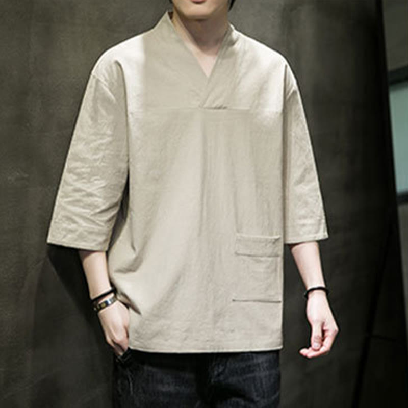 Camiseta de verano informal con cuello en V y manga tres cuartos de algodón y lino para hombre con diseño sencillo de Buddha Stones y bolsillo delantero - image 3