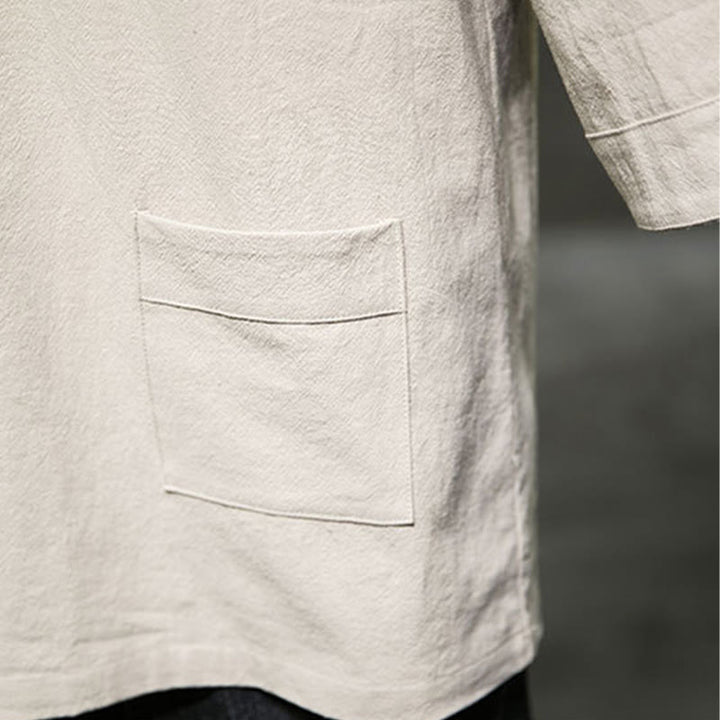 Camiseta de verano informal con cuello en V y manga tres cuartos de algodón y lino para hombre con diseño sencillo de Buddha Stones y bolsillo delantero - image 7