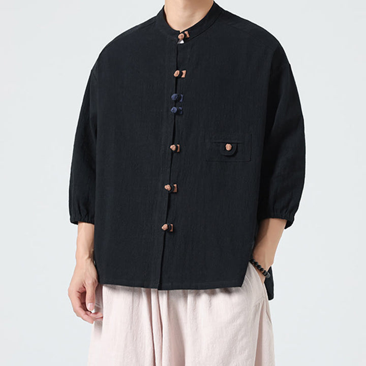 Camisa de algodón con cuello alto y manga tres cuartos para hombre, estilo cárdigan de verano con botones de rana y bolsillo, de Buddha Stones