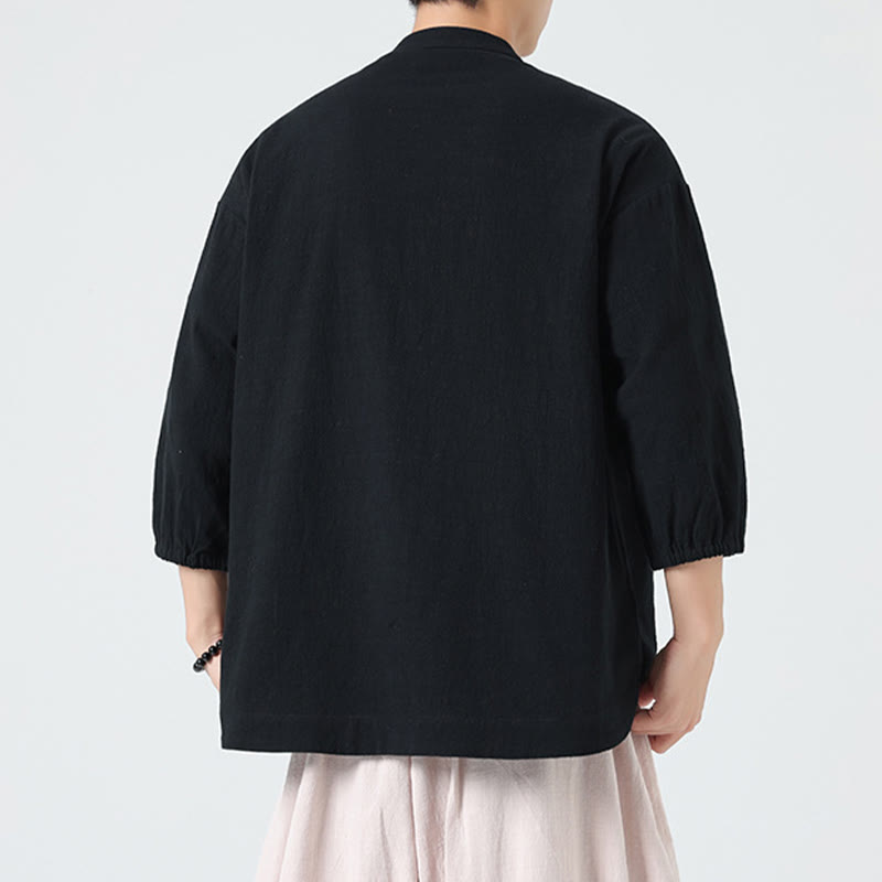 Camisa de algodón con cuello alto y manga tres cuartos para hombre, estilo cárdigan de verano con botones de rana y bolsillo, de Buddha Stones