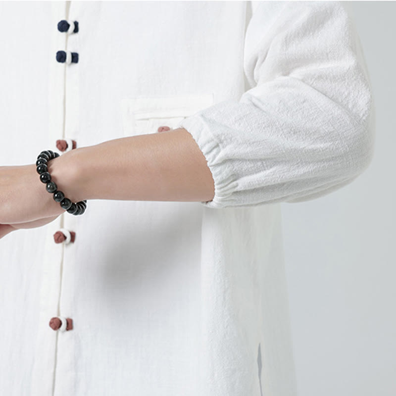 Camisa de algodón con cuello alto y manga tres cuartos para hombre, estilo cárdigan de verano con botones de rana y bolsillo, de Buddha Stones