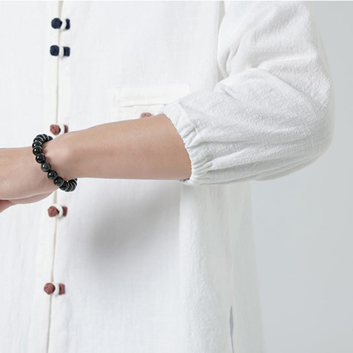 Camisa de algodón con cuello alto y manga tres cuartos para hombre, estilo cárdigan de verano con botones de rana y bolsillo, de Buddha Stones