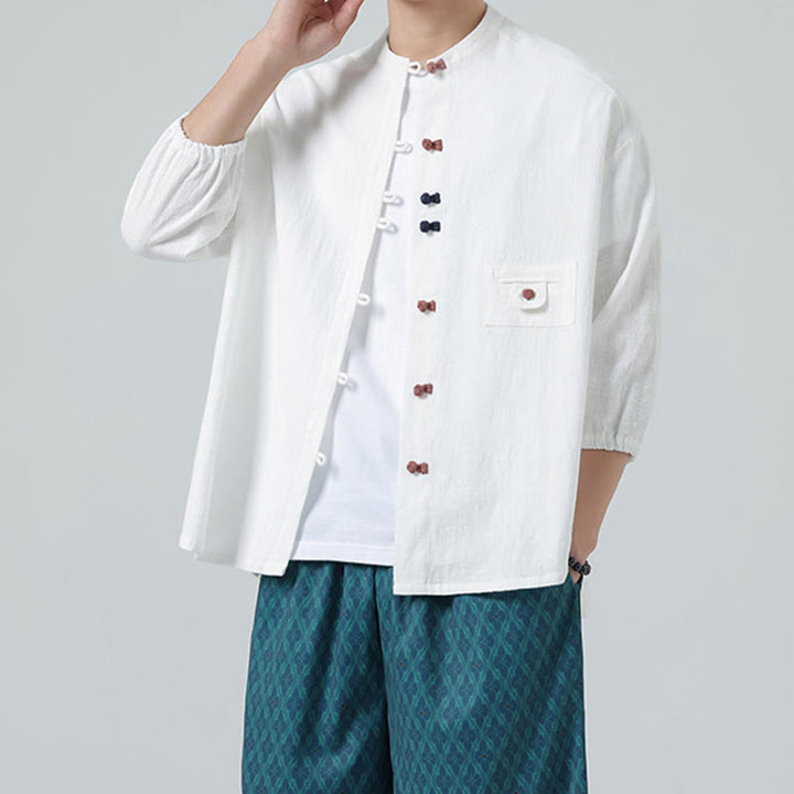 Camisa de algodón con cuello alto y manga tres cuartos para hombre, estilo cárdigan de verano con botones de rana y bolsillo, de Buddha Stones