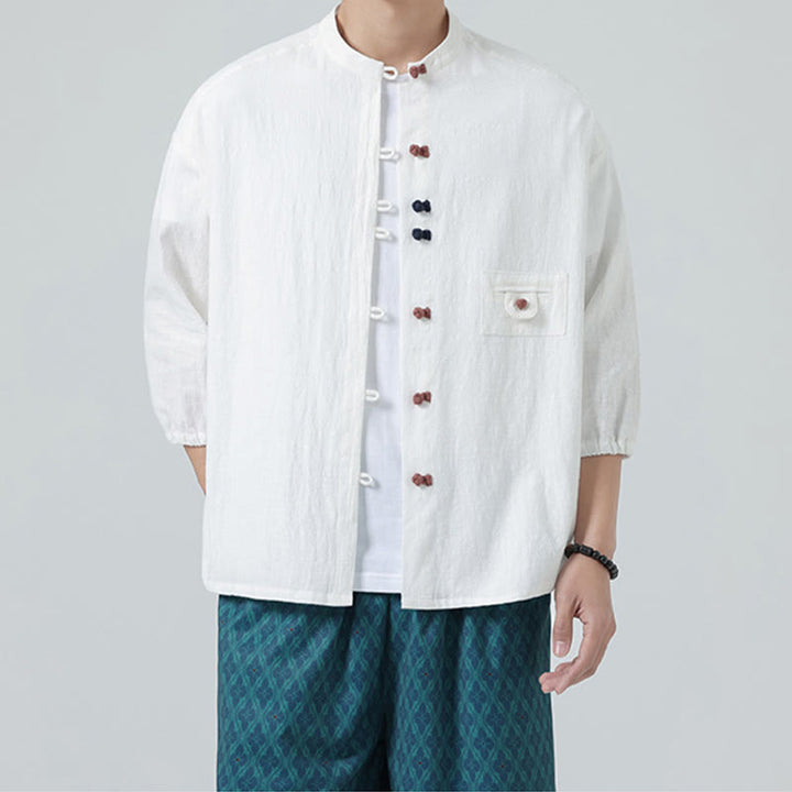 Camisa de algodón con cuello alto y manga tres cuartos para hombre, estilo cárdigan de verano con botones de rana y bolsillo, de Buddha Stones