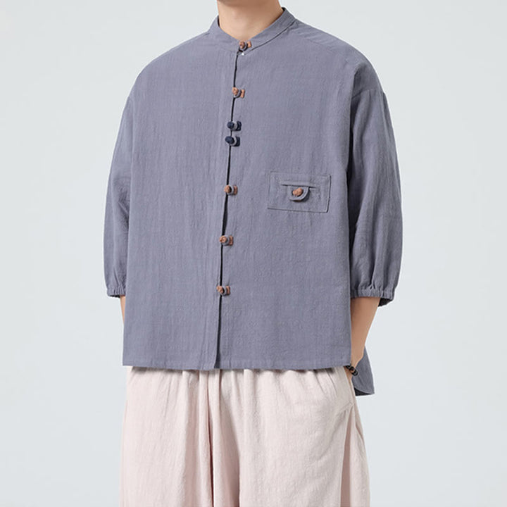 Camisa de algodón con cuello alto y manga tres cuartos para hombre, estilo cárdigan de verano con botones de rana y bolsillo, de Buddha Stones