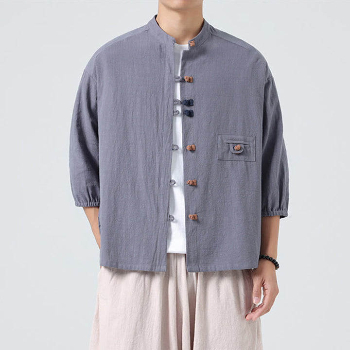 Camisa de algodón con cuello alto y manga tres cuartos para hombre, estilo cárdigan de verano con botones de rana y bolsillo, de Buddha Stones
