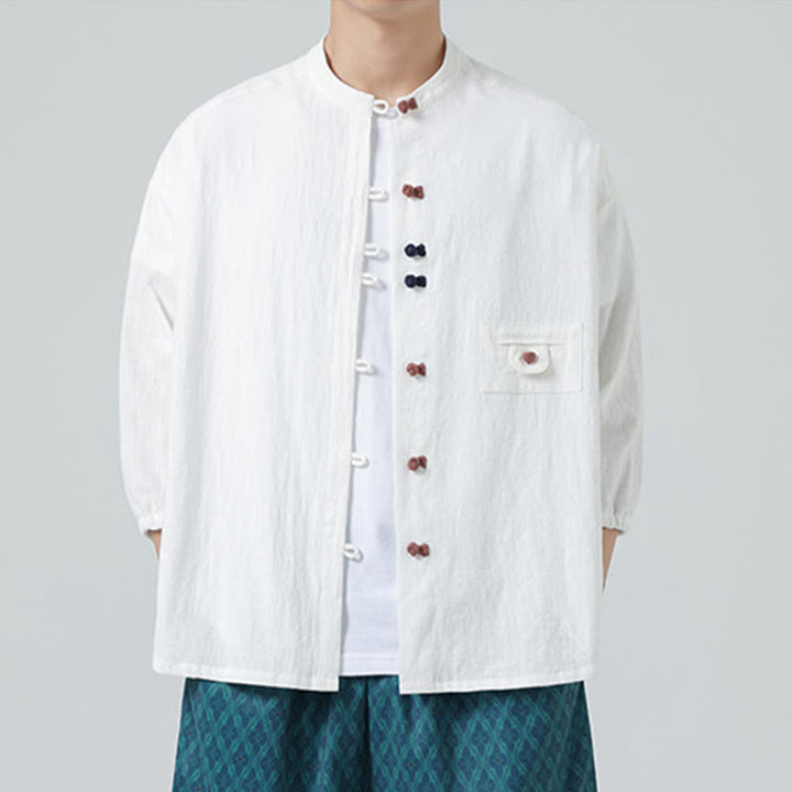 Camisa de algodón con cuello alto y manga tres cuartos para hombre, estilo cárdigan de verano con botones de rana y bolsillo, de Buddha Stones