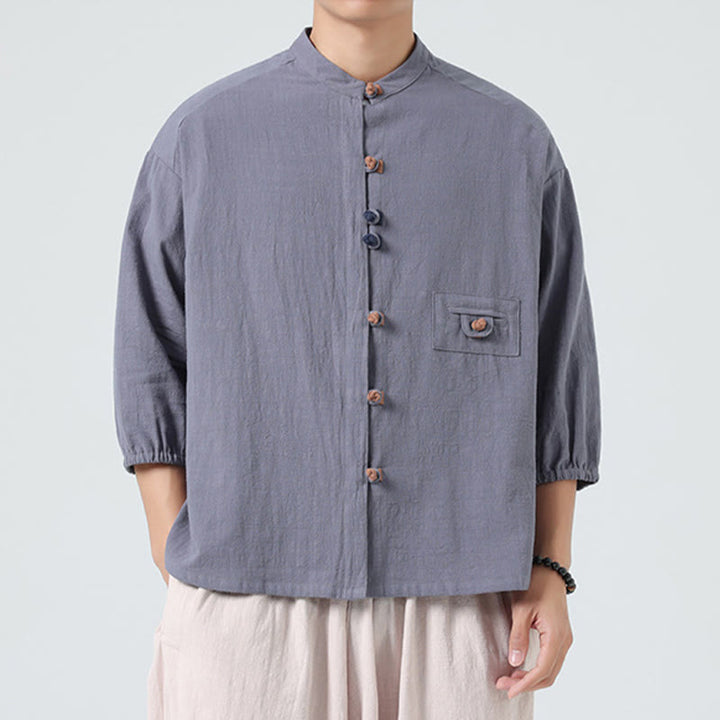 Camisa de algodón con cuello alto y manga tres cuartos para hombre, estilo cárdigan de verano con botones de rana y bolsillo, de Buddha Stones