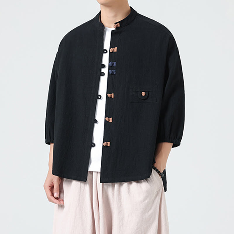 Camisa de algodón con cuello alto y manga tres cuartos para hombre, estilo cárdigan de verano con botones de rana y bolsillo, de Buddha Stones