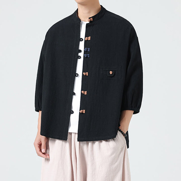 Camisa de algodón con cuello alto y manga tres cuartos para hombre, estilo cárdigan de verano con botones de rana y bolsillo, de Buddha Stones