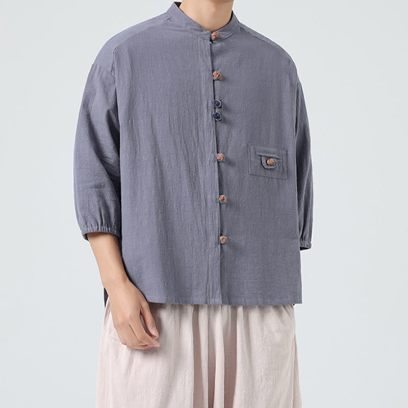 Camisa de algodón con cuello alto y manga tres cuartos para hombre, estilo cárdigan de verano con botones de rana y bolsillo, de Buddha Stones
