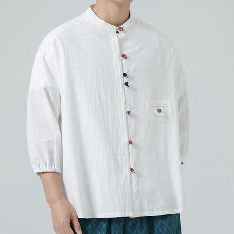 Camisa de algodón con cuello alto y manga tres cuartos para hombre, estilo cárdigan de verano con botones de rana y bolsillo, de Buddha Stones