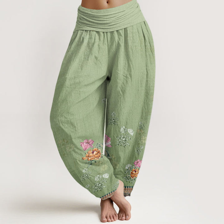 Pantalones harén de cintura elástica para mujer con estampado de pétalos de peonía y piedras de Buddha Stones - AmarilloVerde - US22,UK/AU26,EU54 (6XL) - image 1