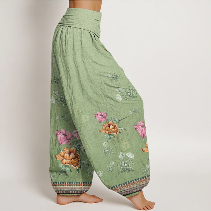Pantalones harén de cintura elástica para mujer con estampado de pétalos de peonía y piedras de Buddha Stones - image 2