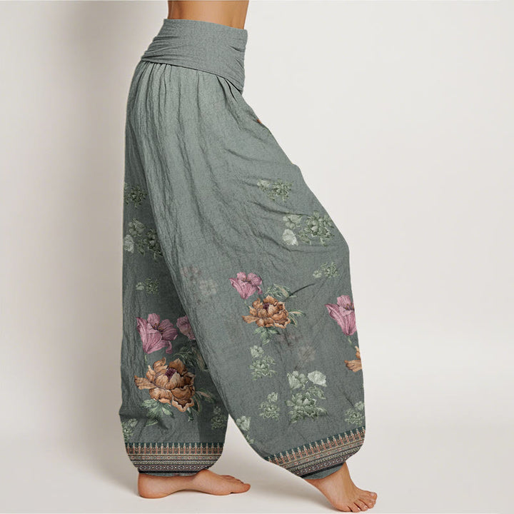 Pantalones harén de cintura elástica para mujer con estampado de pétalos de peonía y piedras de Buddha Stones - image 6