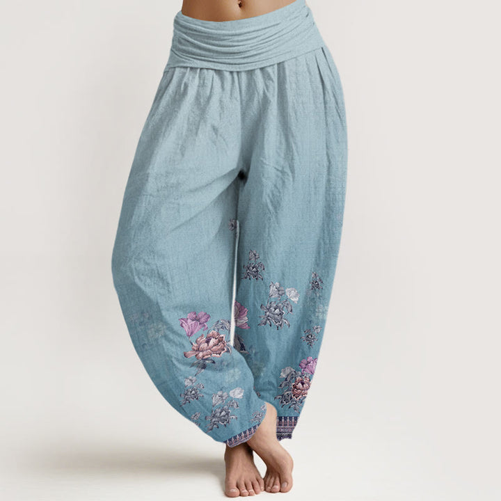 Pantalones harén de cintura elástica para mujer con estampado de pétalos de peonía y piedras de Buddha Stones - Azul cielo claro - US22,UK/AU26,EU54 (6XL) - image 8
