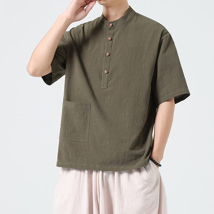 Camisa de algodón de media manga para hombre con diseño informal de media rana y botones, cuello alto y bolsillo, con Buddha Stones