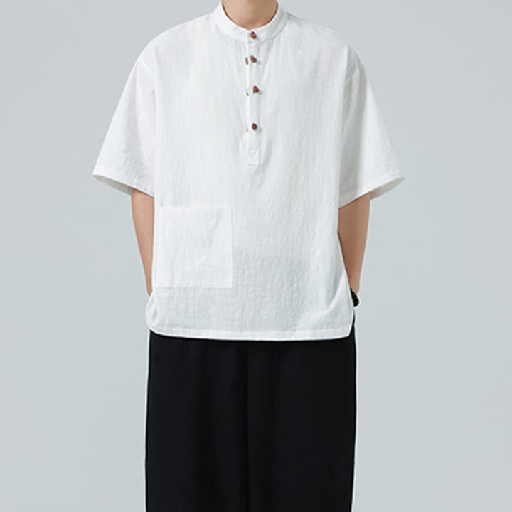 Camisa de algodón de media manga para hombre con diseño informal de media rana y botones, cuello alto y bolsillo, con Buddha Stones