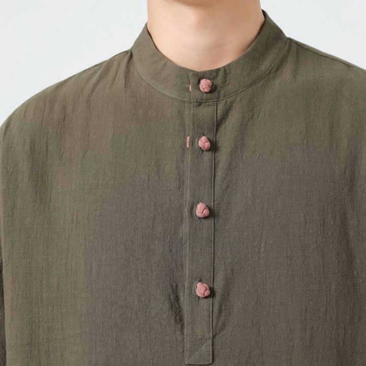 Camisa de algodón de media manga para hombre con diseño informal de media rana y botones, cuello alto y bolsillo, con Buddha Stones
