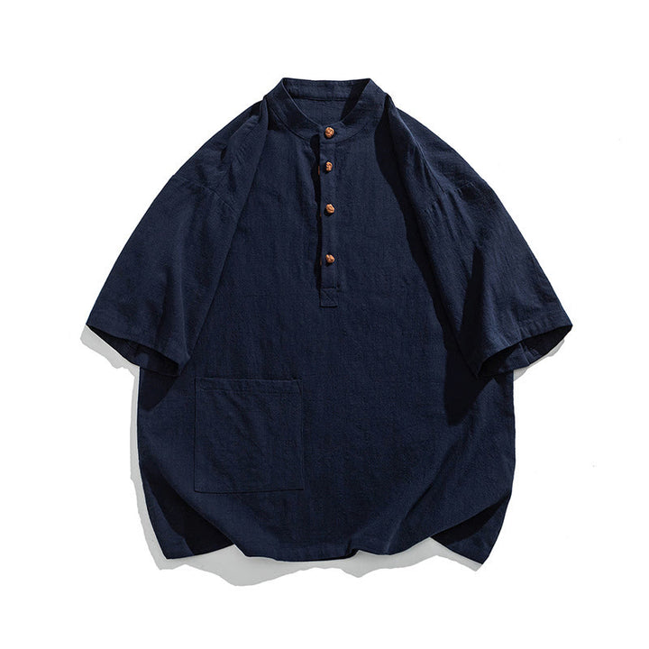 Camisa de algodón de media manga para hombre con diseño informal de media rana y botones, cuello alto y bolsillo, con Buddha Stones