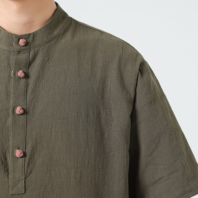 Camisa de algodón de media manga para hombre con diseño informal de media rana y botones, cuello alto y bolsillo, con Buddha Stones