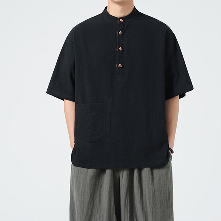 Camisa de algodón de media manga para hombre con diseño informal de media rana y botones, cuello alto y bolsillo, con Buddha Stones