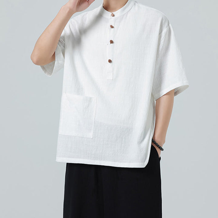 Camisa de algodón de media manga para hombre con diseño informal de media rana y botones, cuello alto y bolsillo, con Buddha Stones