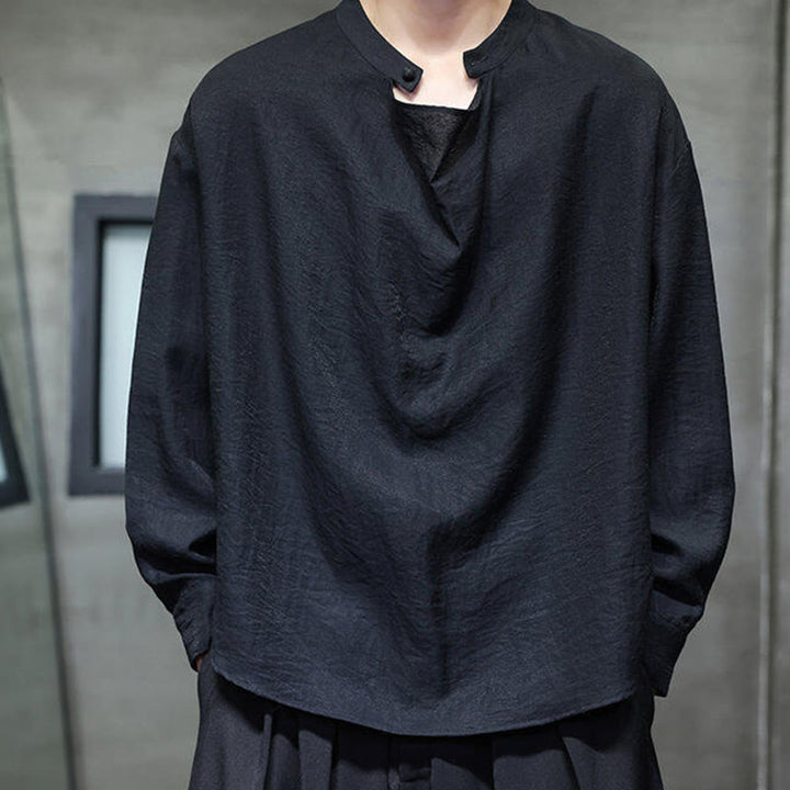 Camisa de lino de manga larga para hombre, traje Tang con cuello alto plisado, color liso, con Buddha Stones , primavera - image 10