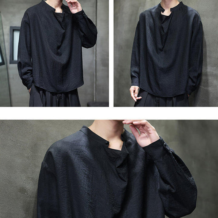 Camisa de lino de manga larga para hombre, traje Tang con cuello alto plisado, color liso, con Buddha Stones , primavera - image 16