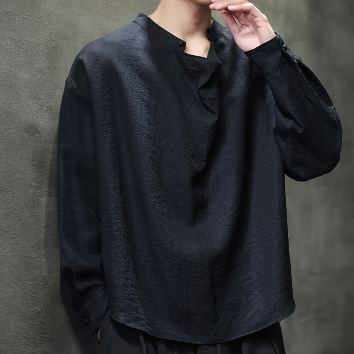 Camisa de lino de manga larga para hombre, traje Tang con cuello alto plisado, color liso, con Buddha Stones , primavera - image 13