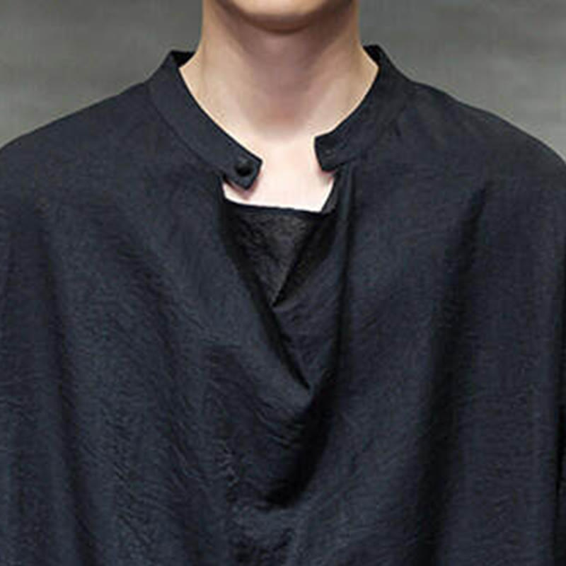 Camisa de lino de manga larga para hombre, traje Tang con cuello alto plisado, color liso, con Buddha Stones , primavera - image 14