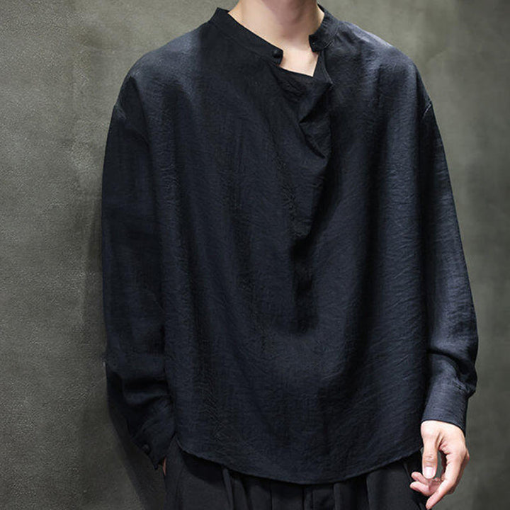 Camisa de lino de manga larga para hombre, traje Tang con cuello alto plisado, color liso, con Buddha Stones , primavera - image 12