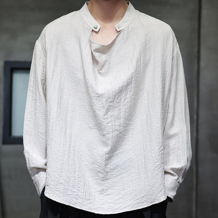 Camisa de lino de manga larga para hombre, traje Tang con cuello alto plisado, color liso, con Buddha Stones , primavera - image 21