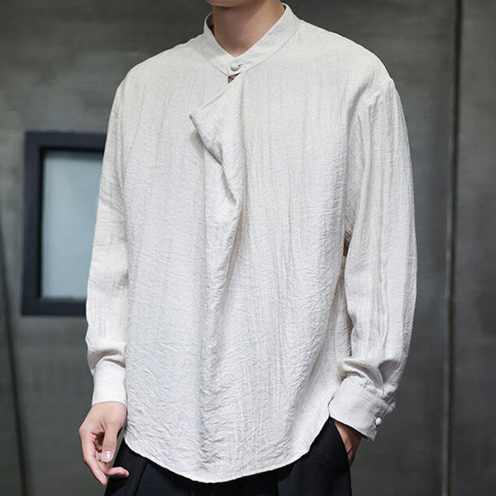 Camisa de lino de manga larga para hombre, traje Tang con cuello alto plisado, color liso, con Buddha Stones , primavera - FloralBlanco - US/UK/AU46, EU56 (5XL) - image 17